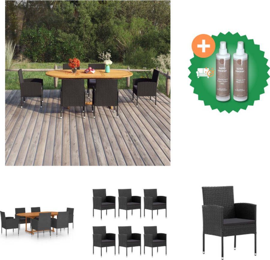 VidaXL Tuinset Acaciahout PE-rattan Zwart 150-200x100x74 cm Stalen frame 6 stoelen Zitkussens Montage vereist Tuinset Inclusief Onderhoudsset