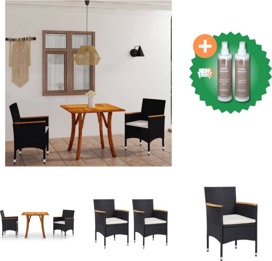 VidaXL Tuinset Acaciahout Zwart Stalen frame Weerbestendig 85x85x75 cm Zwart PE-rattan 52x57x84 cm Montage vereist Inclusief tafel 2 stoelen 2 zitkussens Tuinset Inclusief Onderhoudsset