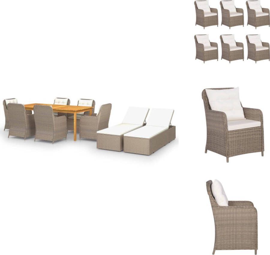 VidaXL Tuinset Acaciahouten Eettafel Bruine Stoelen en Ligbedden PE Rattan 200x90x74 cm Inclusief Kussens Montage Vereist Tuinset