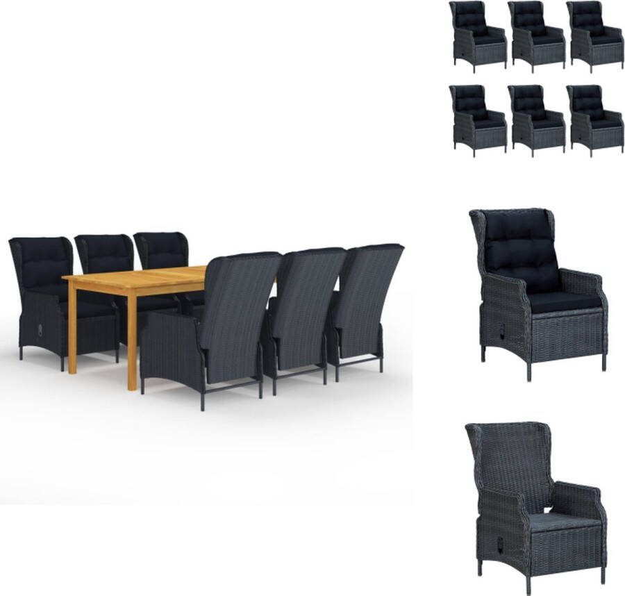VidaXL Tuinset Acaciahouten eettafel Donkergrijze buitenstoel 200x90x74cm PE-rattan zwart kussen Verstelbare rugleuning Lichtgewicht 1 tafel 6 stoelen Tuinset