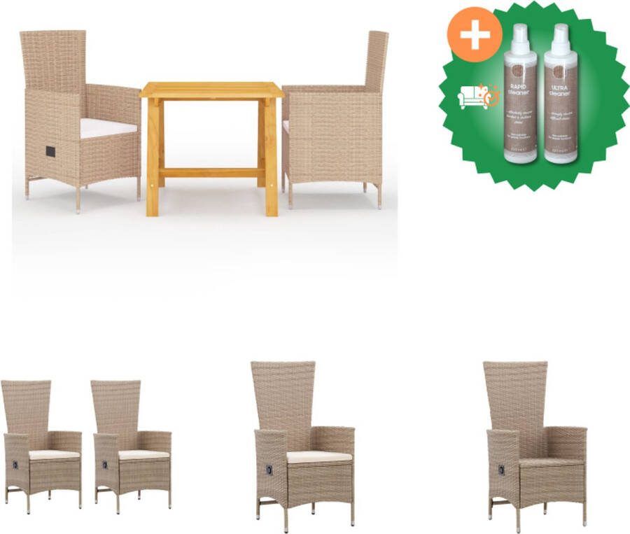 VidaXL Tuinset Acaciahouten eettafel en verstelbare stoelen Beige ratan Afmetingen tafel- 88x88x74 cm Afmetingen stoel- 58x62x108 cm Inclusief kussens Tuinset Inclusief Onderhoudsset