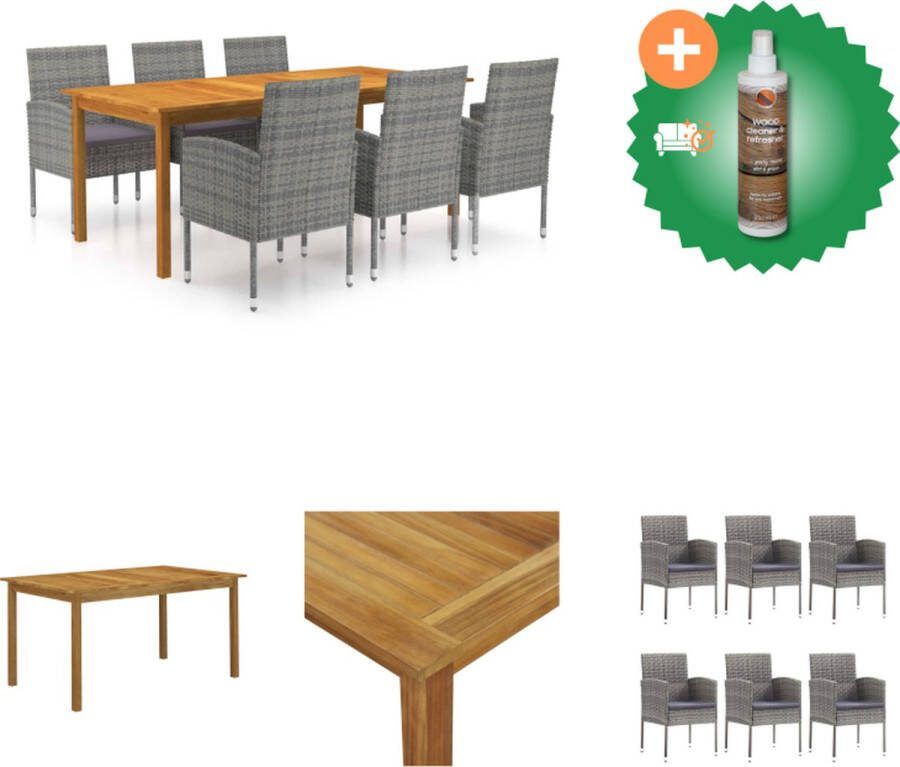 VidaXL Tuinset Acaciahouten Eettafel Gepoedercoat Stalen Eetstoelen Grijs 200x90x74cm Tuinset Inclusief Houtreiniger en verfrisser