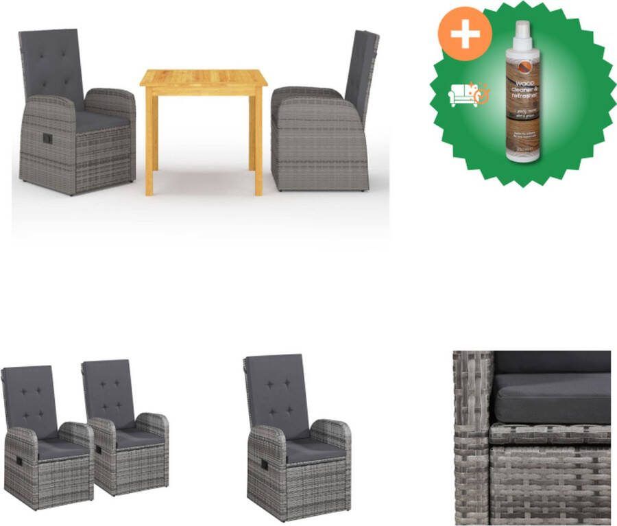 VidaXL Tuinset Acaciahouten Eettafel Grijs Rattan Eetstoelen Verstelbare Rugleuning Tuinset Inclusief Houtreiniger en verfrisser