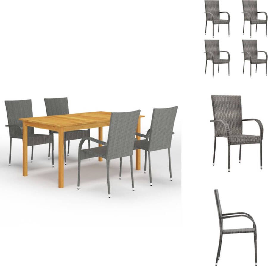 VidaXL Tuinset Acaciahouten eettafel Grijze PE-rattan stoelen 150x90x74 cm Montage vereist 1 tafel 4 stoelen Tuinset