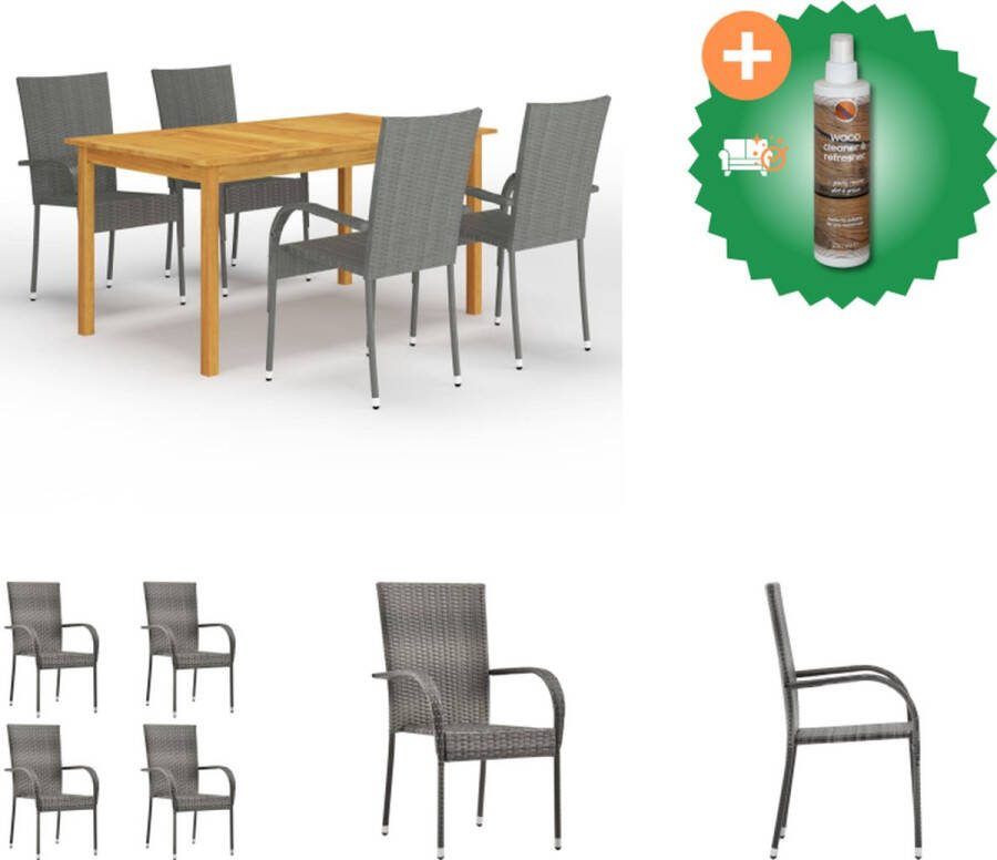 VidaXL Tuinset Acaciahouten eettafel Grijze PE-rattan stoelen 150x90x74 cm Montage vereist 1 tafel 4 stoelen Tuinset Inclusief Houtreiniger en verfrisser