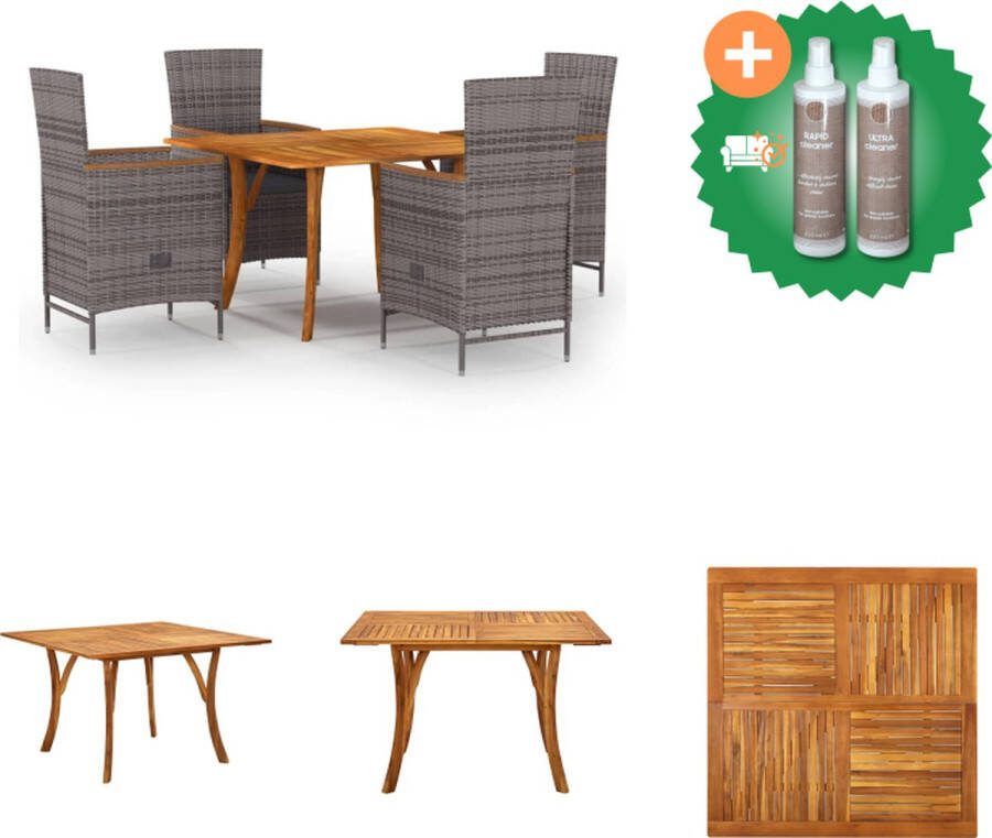 VidaXL Tuinset Acaciahouten tafel 120x120 cm Grijs Poly Rattan Stoelen 4 zitkussens Tuinset Inclusief Onderhoudsset