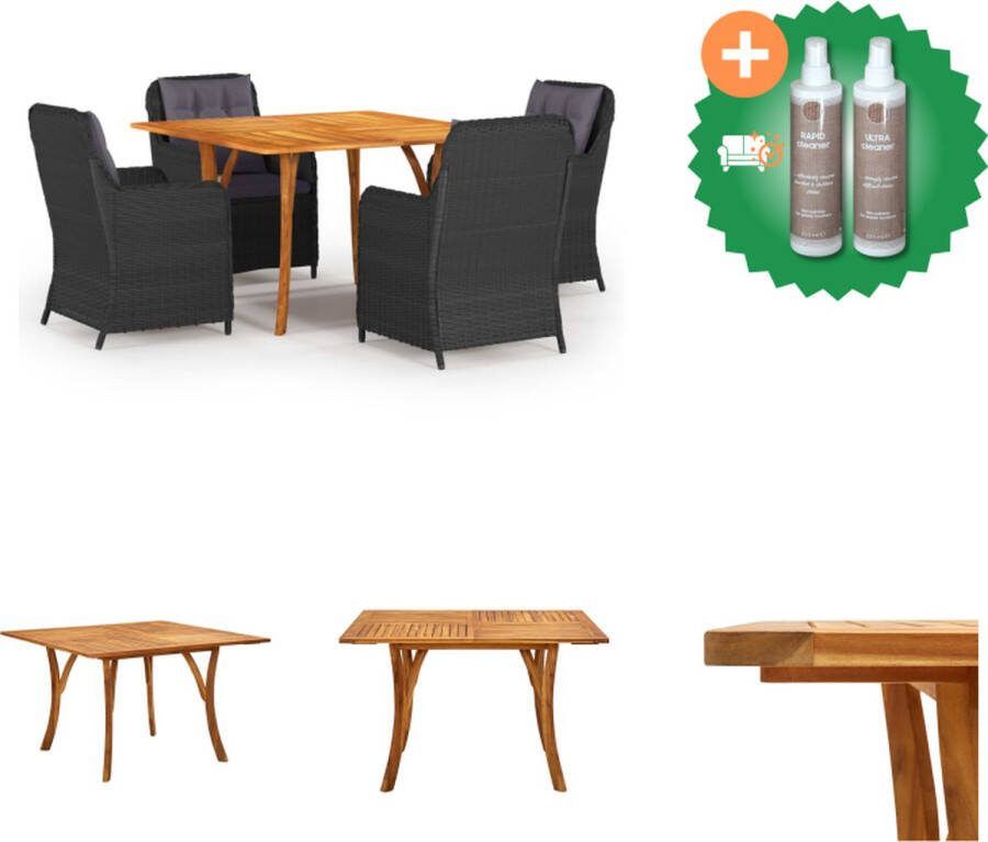 VidaXL Tuinset Acaciahouten tafel 120x120x75 cm Stalen en PE-rattan eetstoelen Zwart Inclusief kussens Tuinset Inclusief Onderhoudsset