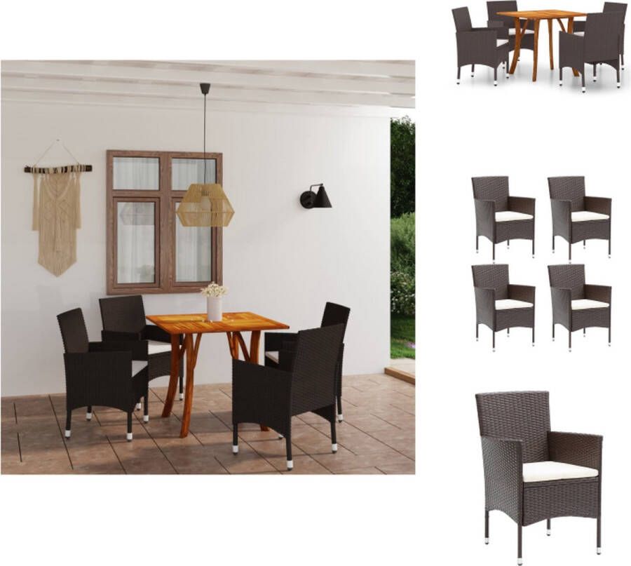 VidaXL Tuinset Acaciahouten tafel (85x85x75 cm) met bruin poly rattan stoelen (53x58x84 cm) Montage vereist Inclusief 4 zitkussens Tuinset