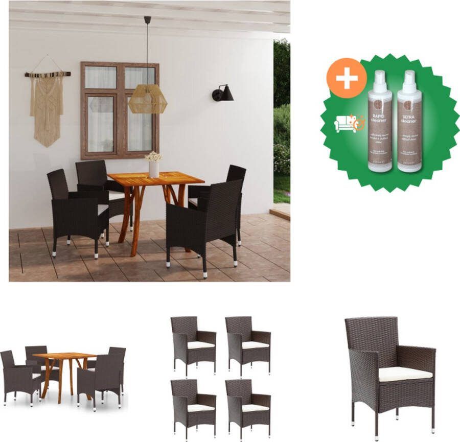 VidaXL Tuinset Acaciahouten tafel (85x85x75 cm) met bruin poly rattan stoelen (53x58x84 cm) Montage vereist Inclusief 4 zitkussens Tuinset Inclusief Onderhoudsset