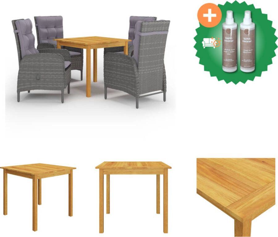VidaXL Tuinset Acaciahouten tafel Grijze PE-rattan eetstoelen Inclusief kussens 85x85x74cm Tuinset Inclusief Onderhoudsset