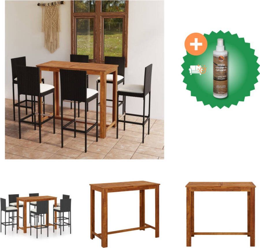 VidaXL Tuinset Acaciahouten Tafel Zwart Poly Rattan Barkrukken 120x60x105 cm Tuinset Inclusief Houtreiniger en verfrisser