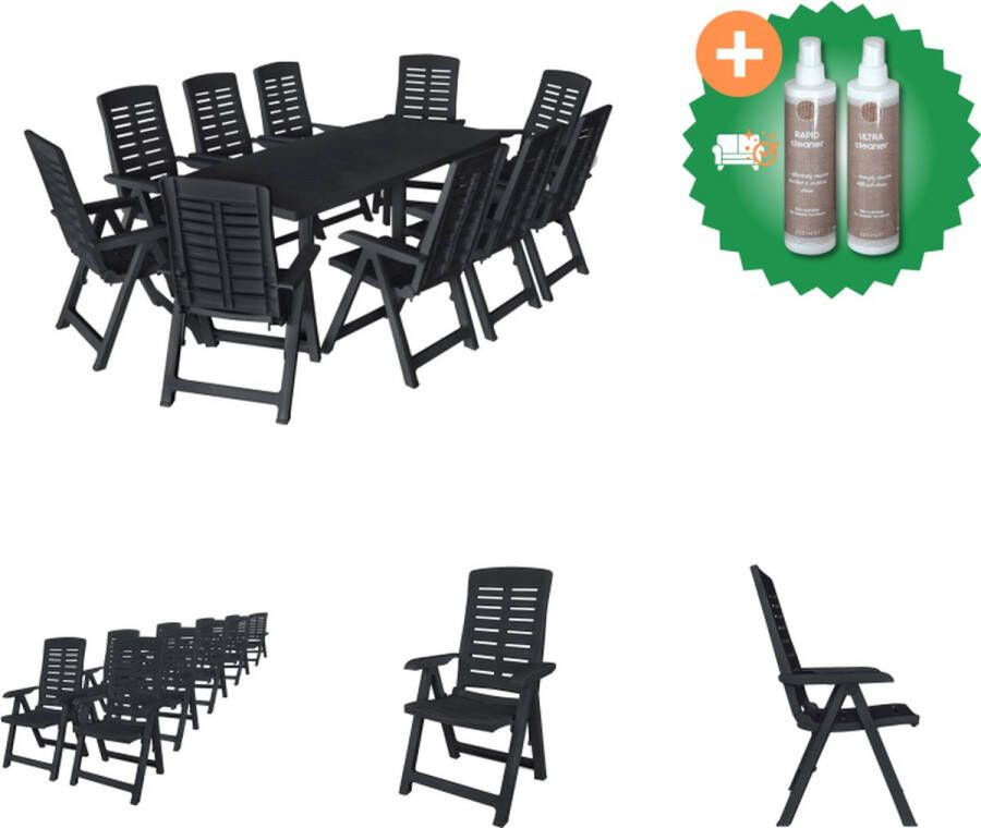 VidaXL Tuinset Antraciet Kunststof 216 x 90 x 72 cm Inklapbaar Met parasolgat 10 klapstoelen Tuinset Inclusief Onderhoudsset