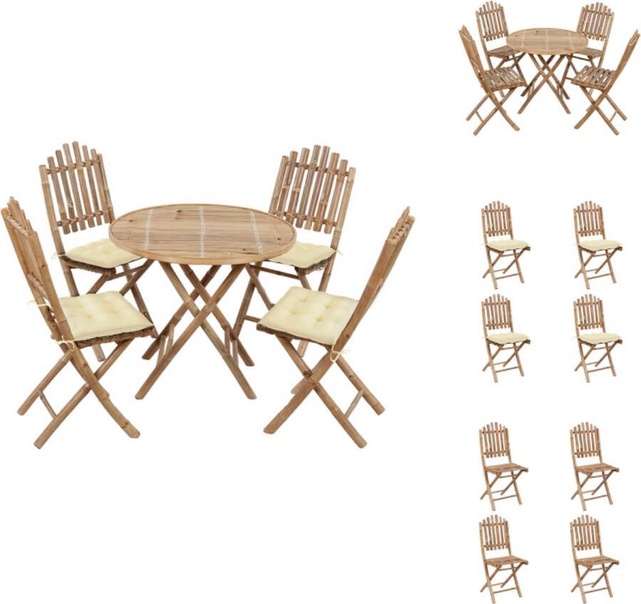 VidaXL Tuinset Bamboe Inklapbaar Weerbestendig Crème kussen Afmetingen tafel- 80x70 cm Afmetingen stoel- 50x42x92 cm Afmetingen kussen- 40x40x7 cm Montage vereist Tuinset