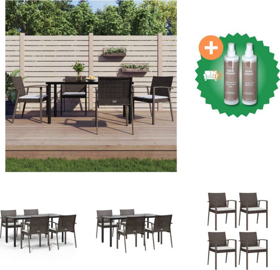 VidaXL Tuinset Bruin PE-rattan en staal 4 Stoelen Zwart Gepoedercoat Staal en Gehard Glas Tafel Crèmewit Zitkussen Tuinset Inclusief Onderhoudsset
