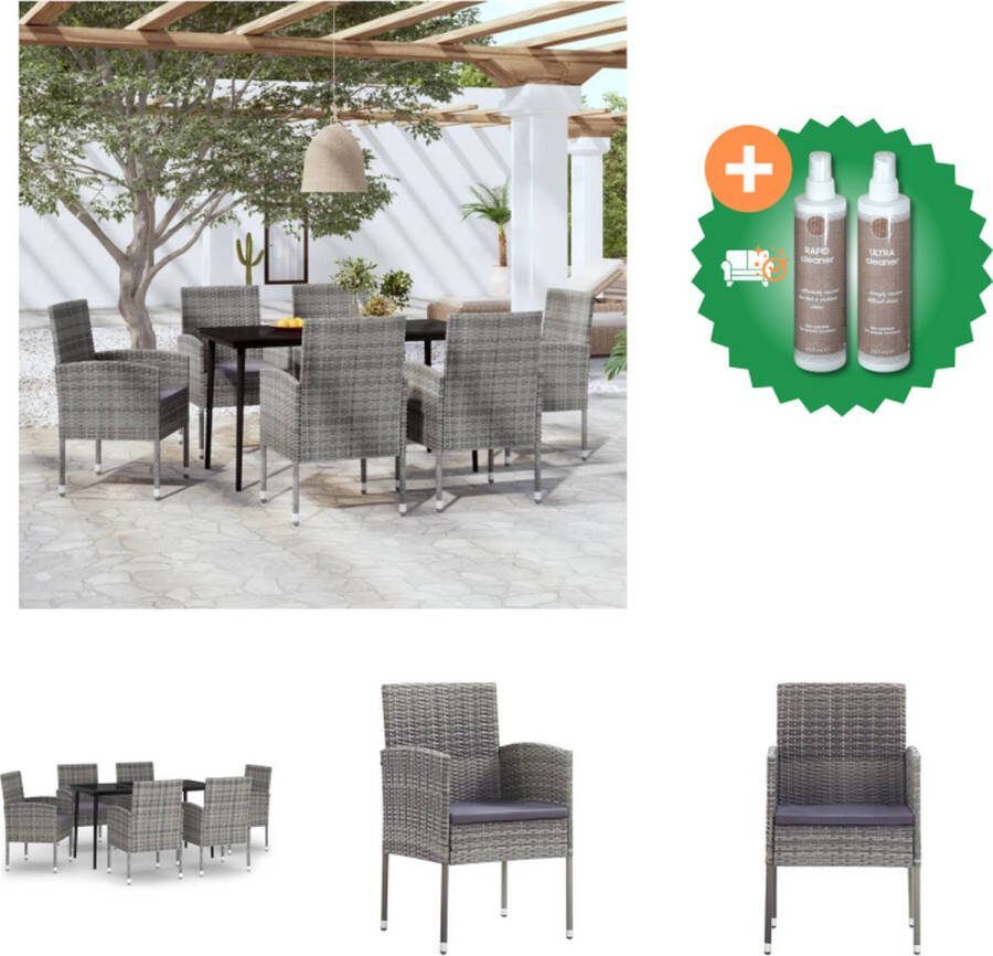 VidaXL Tuinset Buiteneetset 140x70x74 cm Stalen frame PE-rattan Glas Antraciet stoel Donkergrijs kussen Weerbestendig Montage vereist 1 tafel 6 stoelen 6 zitkussens Tuinset Inclusief Onderhoudsset