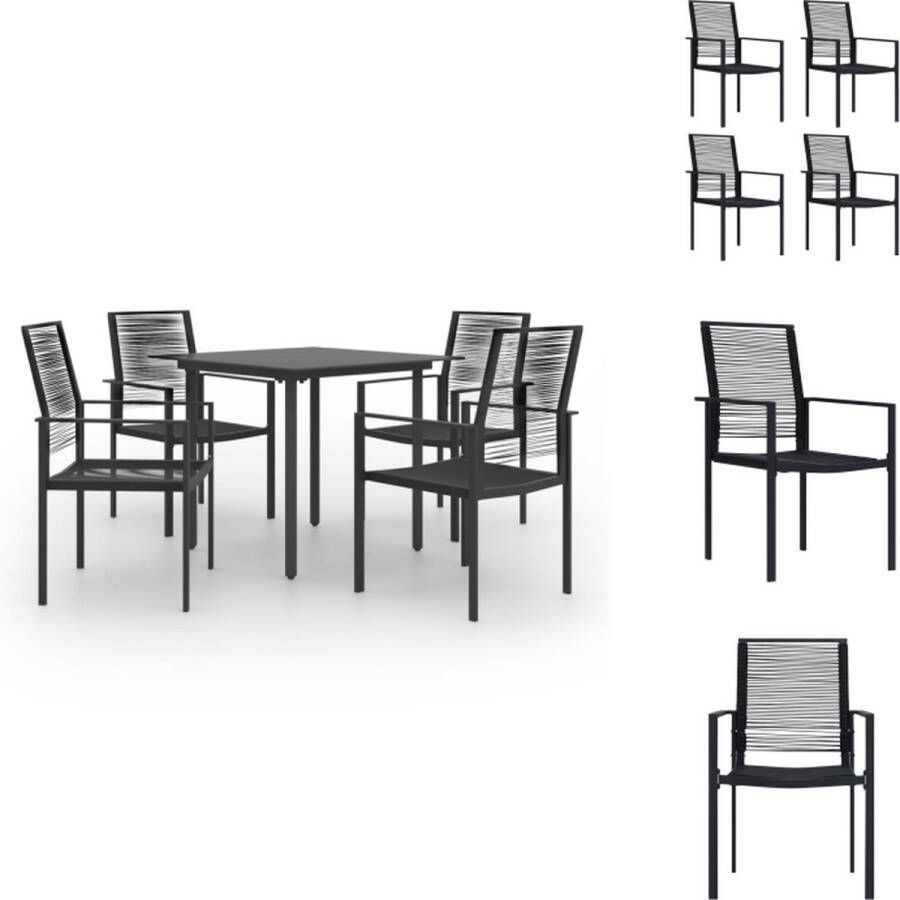 VidaXL Tuinset Eettafel en stoelen Gepoedercoat staal Glas Waterbestendig Zwart 80x80x74cm 60x55x90cm Set van 1 tafel en 4 stoelen Montage vereist Tuinset