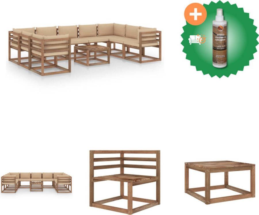 VidaXL Tuinset Grenenhout 7-delig Beige kussens Afmetingen- 64x64x70cm (hoekbank) 60x64x70cm (middenbank) 60x60x36.5cm (tafel) Tuinset Inclusief Houtreiniger en verfrisser