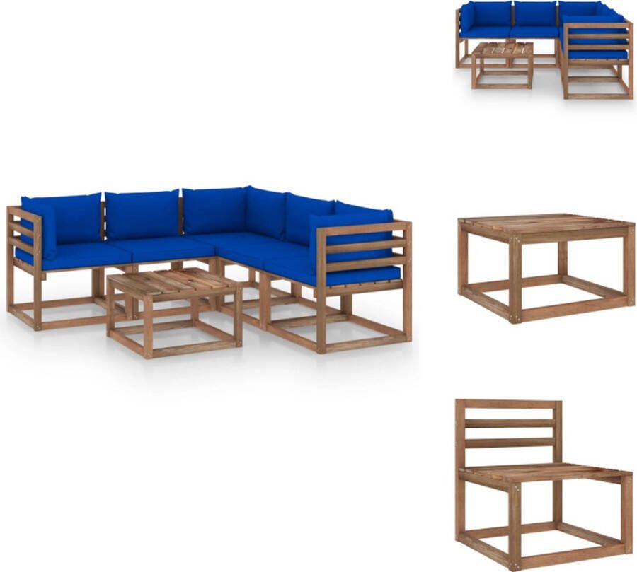 VidaXL Tuinset Grenenhout Blauwe kussens 60x60x36.5 cm Inclusief tafel 2 middenbanken 3 hoekbanken Tuinset