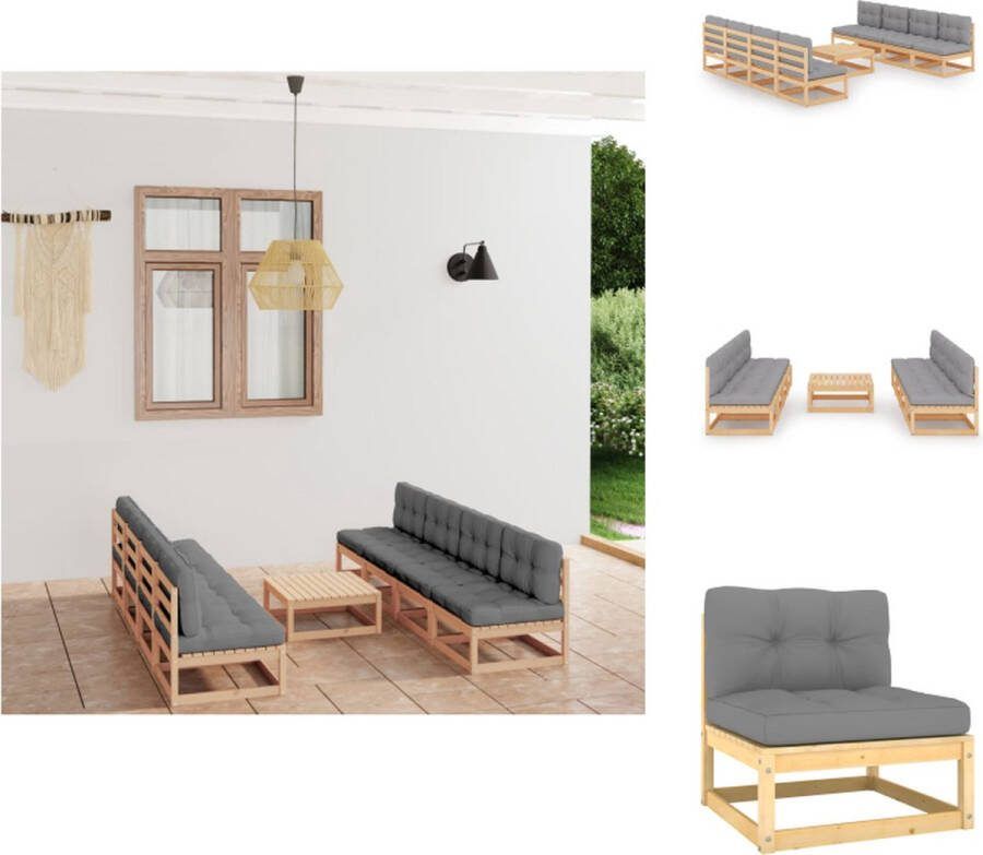VidaXL Tuinset Grenenhout Grijs 8 x middenbank 1 x tafel 8 x zitkussen 8 x rugkussen Tuinset