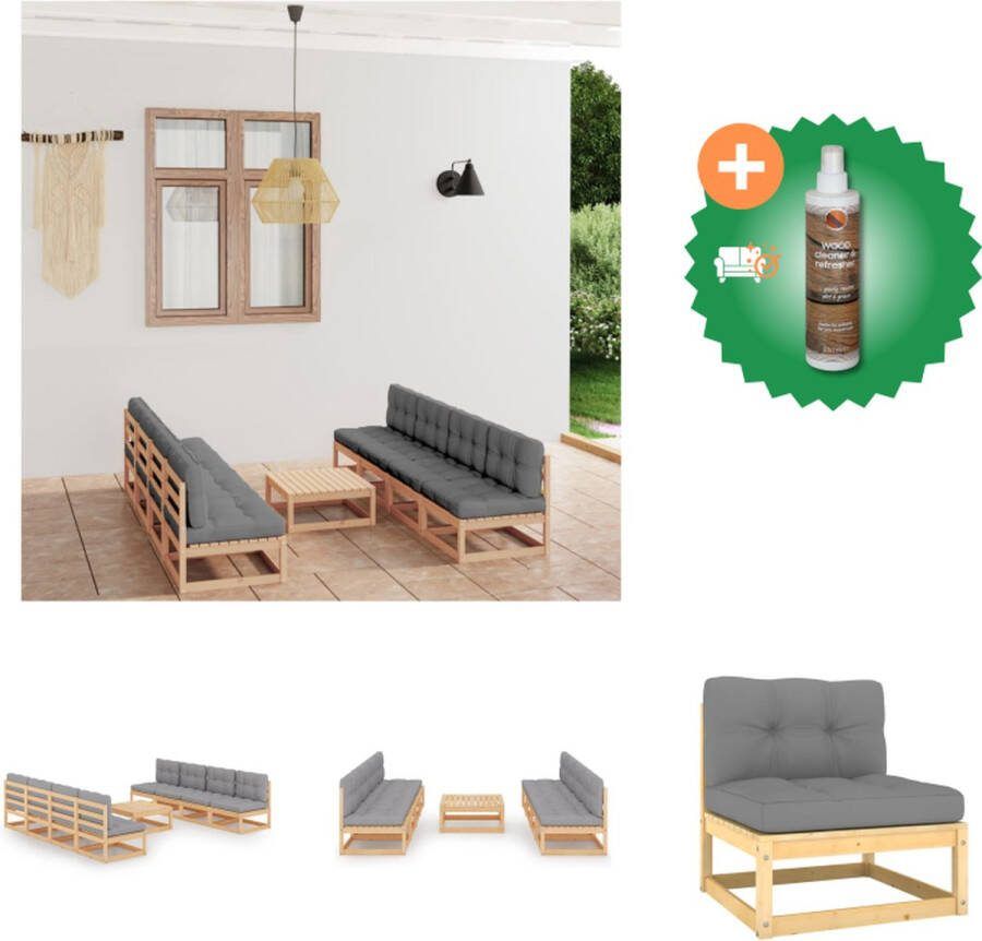 VidaXL Tuinset Grenenhout Grijs 8 x middenbank 1 x tafel 8 x zitkussen 8 x rugkussen Tuinset Inclusief Houtreiniger en verfrisser