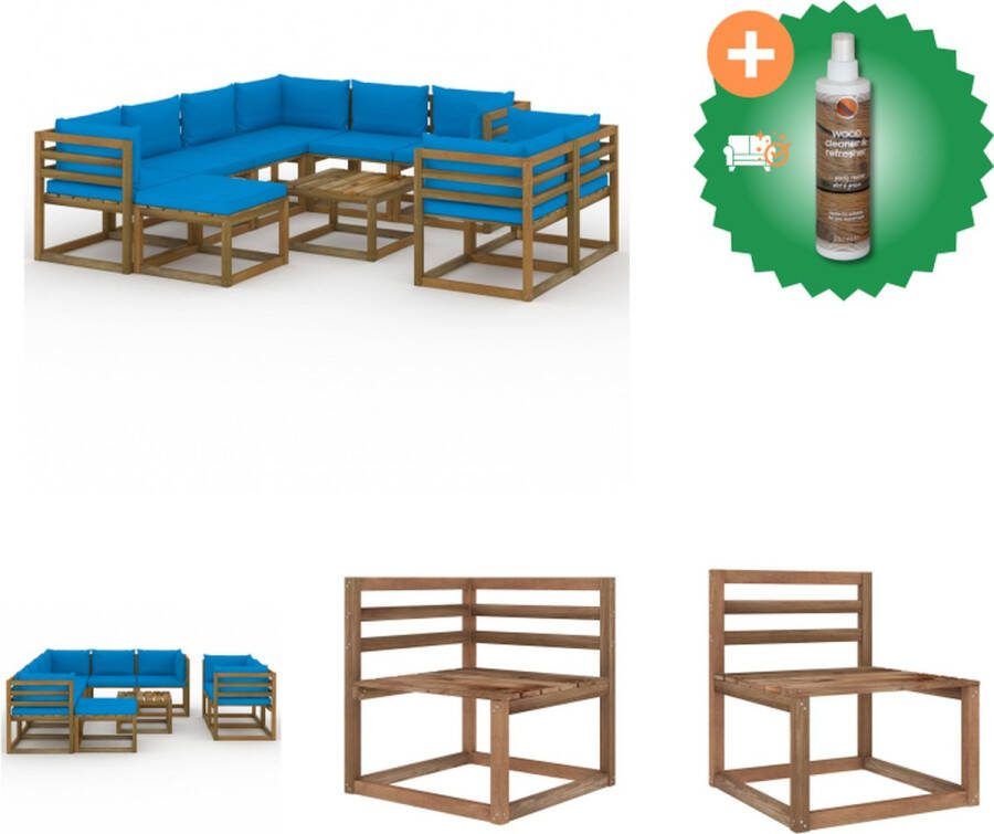 VidaXL Tuinset Grenenhout Lichtblauwe Kussens Tafel Voetenbank Middenbank Hoekbank Maten 60x60x36.5cm 60x64x70cm 64x64x70cm Montage vereist Tuinset Inclusief Houtreiniger en verfrisser