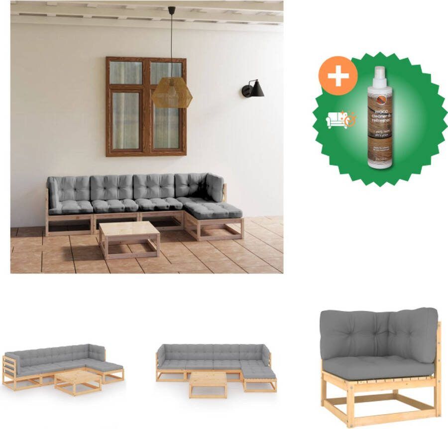VidaXL tuinset Grenenhout Loungebank en Tafel Grijs kussen 70x70x67cm Tuinset Inclusief Houtreiniger en verfrisser