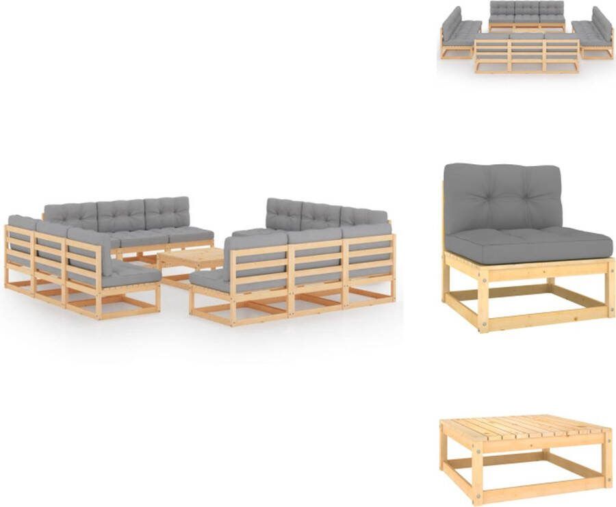 VidaXL Tuinset Grenenhout Modulair Grijs 12x Middenbank 1x Tafel 12x Zitkussen 12x Rugkussen Tuinset