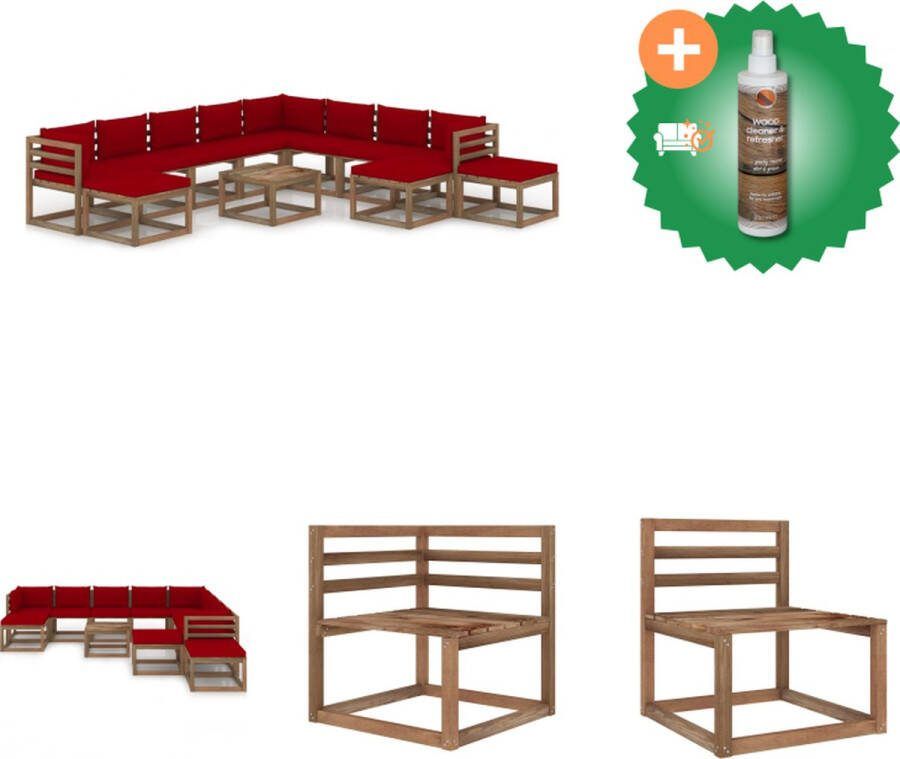 VidaXL Tuinset Grenenhout Wijnrood 60x60x36.5cm 3x voetensteun 11x zitkussen Tuinset Inclusief Houtreiniger en verfrisser