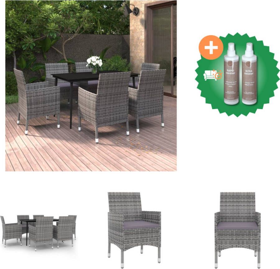 VidaXL Tuinset Grijs 140x70x74 cm Waterbestendig Inclusief tafel 6 stoelen en 6 zitkussens Tuinset Inclusief Onderhoudsset