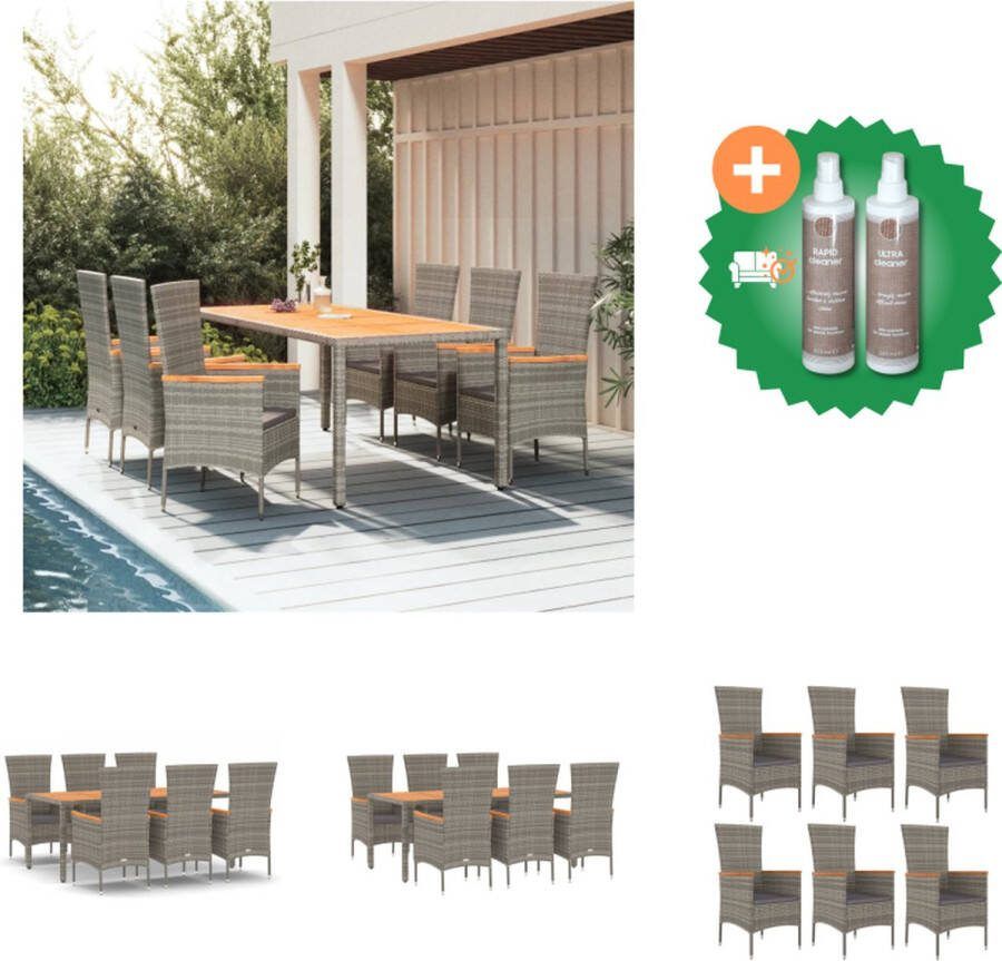VidaXL Tuinset Grijs 6x Tuinstoel PE rattan Gepoedercoat staal Acaciahout Zitkussens 190x90x75 cm Tuinstoel Inclusief Onderhoudsset