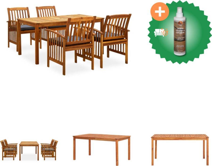 VidaXL Tuinset Massief Acaciahout Eettafel 150x90x74cm 4 Klassieke Eetstoelen met Kussens Tuinset Inclusief Houtreiniger en verfrisser