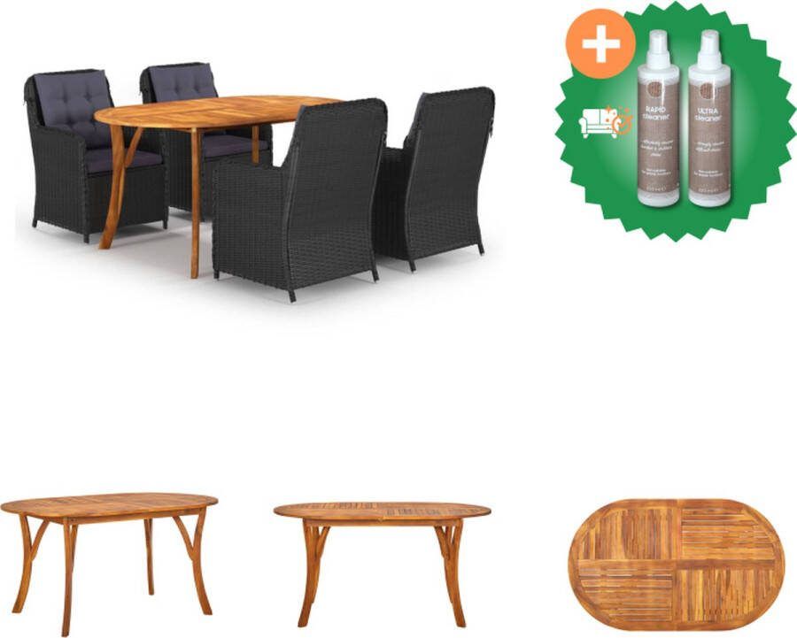 VidaXL Tuinset Massief acaciahouten tafel Stalen frame eetstoelen Zwart 150x90x75cm Inclusief kussens Tuinset Inclusief Onderhoudsset