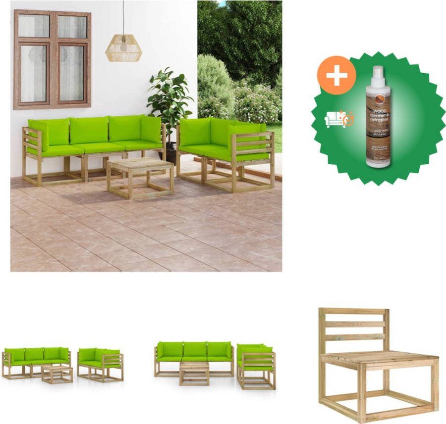 VidaXL Tuinset Pallet Grenenhout Groen 4 hoekbanken 1 middenbank 1 tafel Kussens inbegrepen 150x150x70cm Tuinset Inclusief Houtreiniger en verfrisser