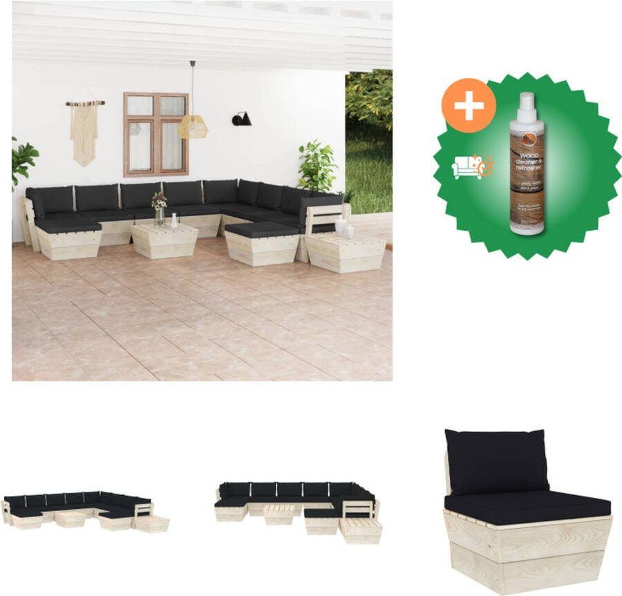 VidaXL Tuinset Pallet Palletbank 12-delig Zwart kussen Geïmpregneerd vurenhout Incl tafel en hocker Montage vereist Tuinset Inclusief Houtreiniger en verfrisser