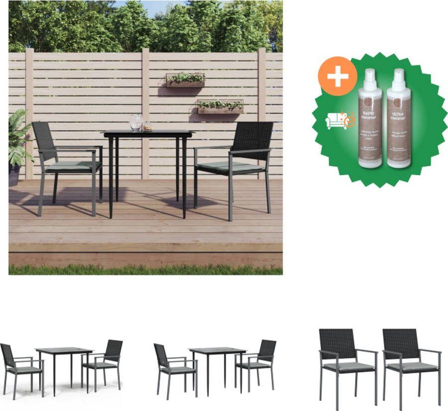 VidaXL Tuinset PE-rattan Zwarte Eetkamerstoelen Gehard glazen tafel Lichtgrijze kussens 2 Stoelen 80 x 80 x 74 cm 51 x 47 x 3.5 cm Tuinset Inclusief Onderhoudsset