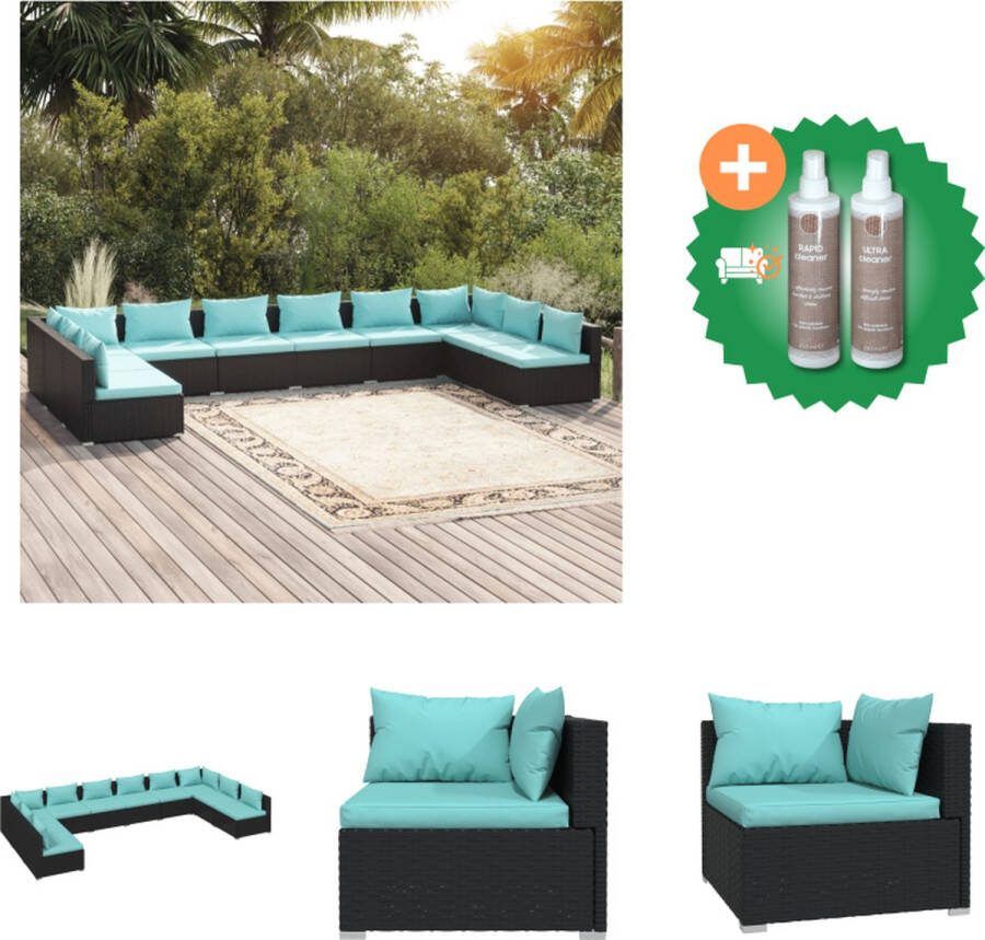 VidaXL Tuinset Poly Rattan Modulair Design Hoogwaardig Materiaal Stevig Frame Comfortabele Kussens Kleur- Zwart Kleur kussen- Waterblauw Inclusief Hoekbank Middenbank Zitkussens en Rugkussens Tuinset Inclusief Onderhoudsset