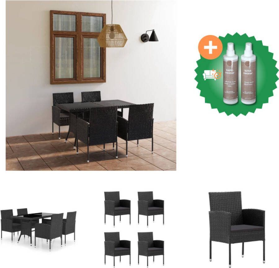 VidaXL Tuinset Poly Rattan PE-rattan Glas Zwart 140x80x74 cm 52x56x88 cm 4 stoelen 1 tafel 4 zitkussens Tuinset Inclusief Onderhoudsset
