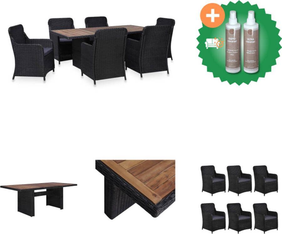 VidaXL Tuinset Poly Rattan Vintage Stijl 200x100x74 cm Zwart en Donkergrijs 1 Tafel 6 Stoelen 6 Zitkussens Tuinset Inclusief Onderhoudsset