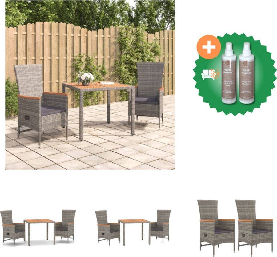 VidaXL Tuinset Rattan Grijs Verstelbare rugleuning 2x Tuinstoel 2x Zitkussen 1x Tafel 90x90x75 cm Tuinstoel Inclusief Onderhoudsset