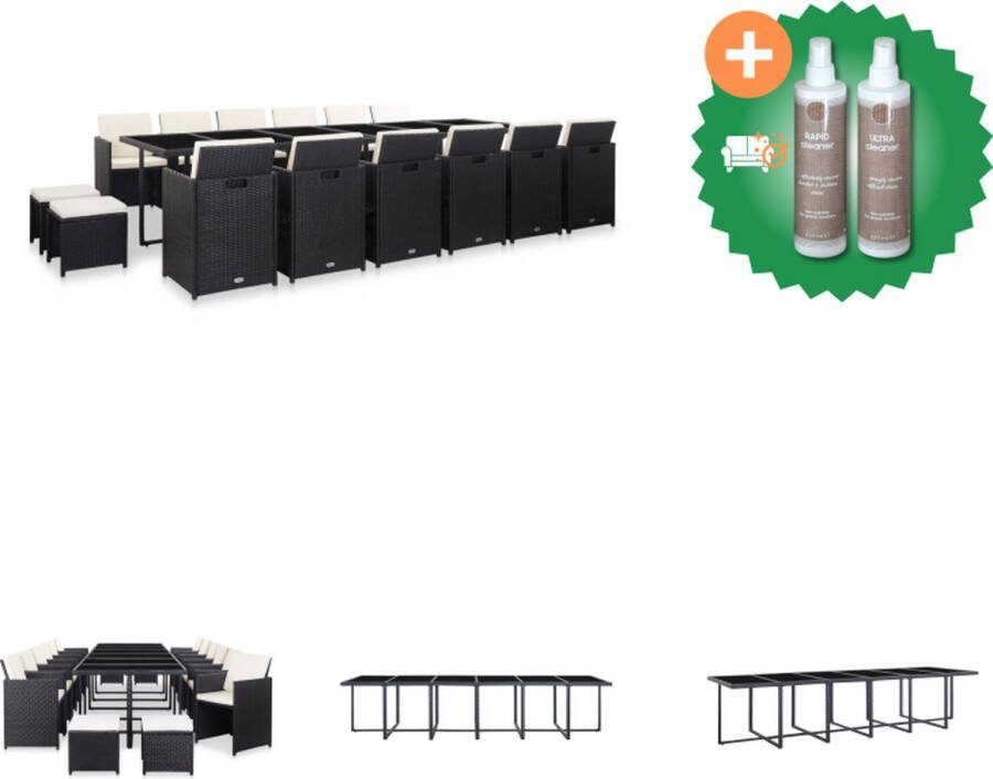 VidaXL Tuinset Rattan Stalen frame Weerbestendig Zwart Crèmewit 339x109x74 cm 12 stoelen 4 krukken 28 kussens Tuinset Inclusief Onderhoudsset