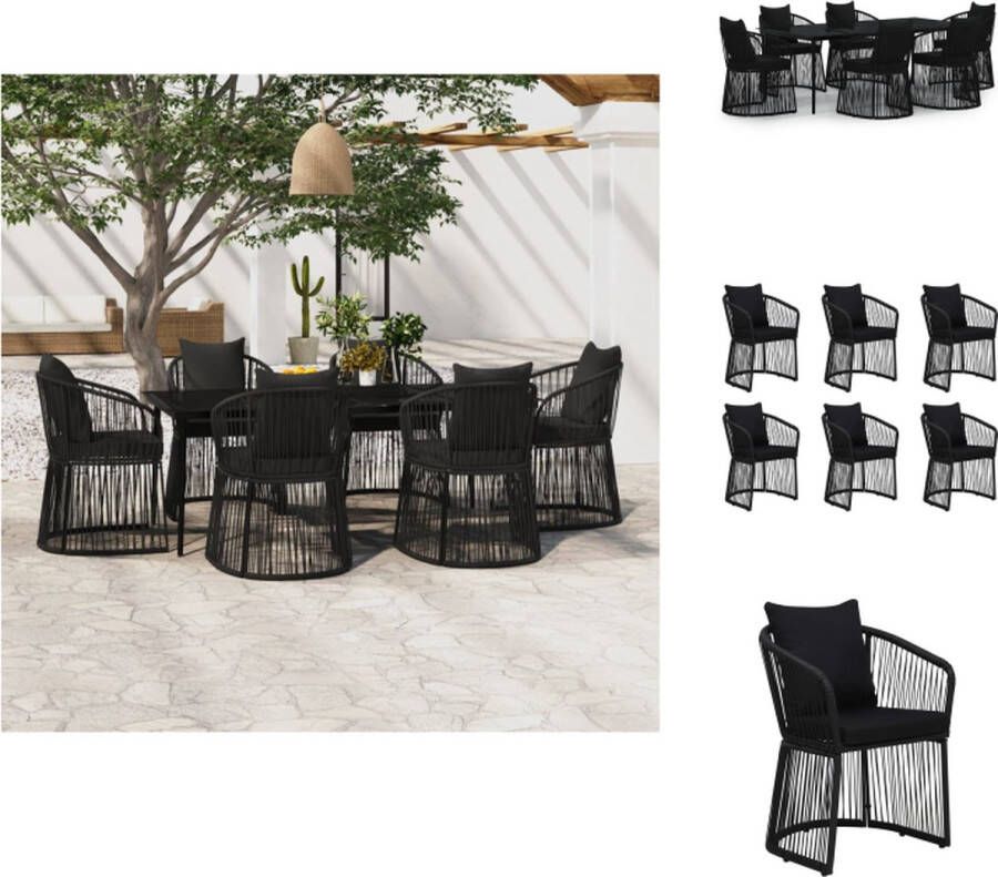 VidaXL Tuinset Stijlvolle en functionele eethoek 200 x 100 cm Kleur- zwart Materiaal- staal glas PVC-rattan Met 6 stoelen en kussens Tuinset
