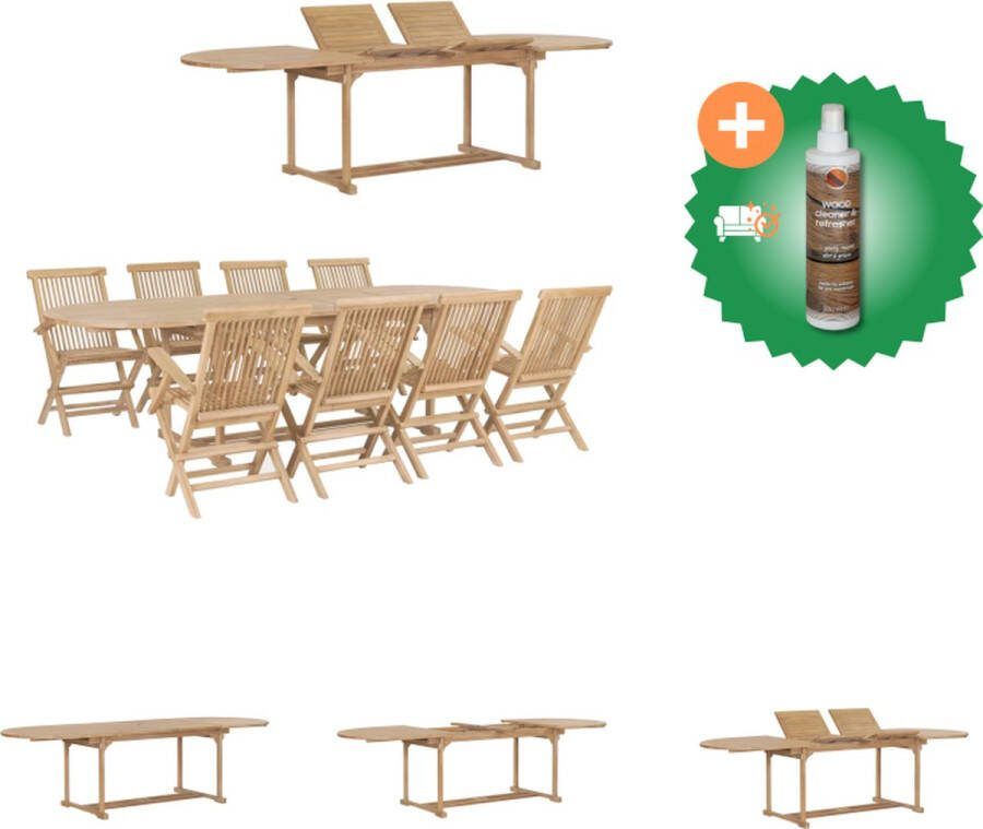 VidaXL Tuinset Teakhout Verlengbare tafel (180-280 cm) Inclusief 8 klapstoelen Tuinset Inclusief Houtreiniger en verfrisser
