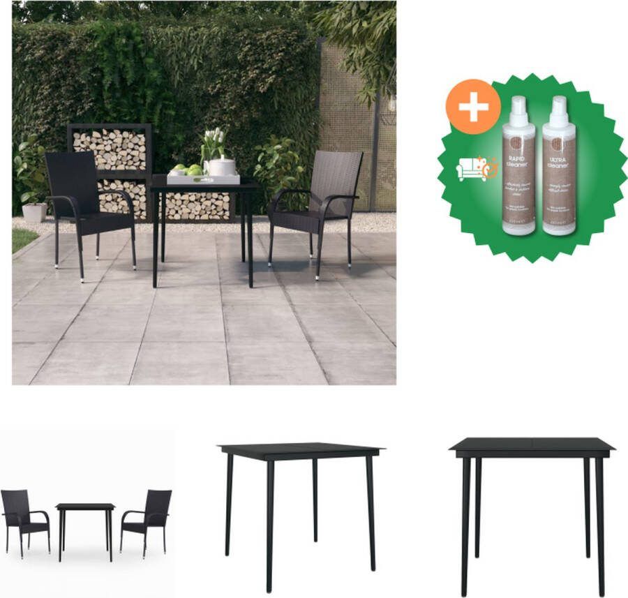 VidaXL Tuinset Tuintafel 80x80x74 cm 2 Stoelen 55.5x53.5x95 cm Zwart PE-rattan gepoedercoat staal en glas Tuinset Inclusief Onderhoudsset