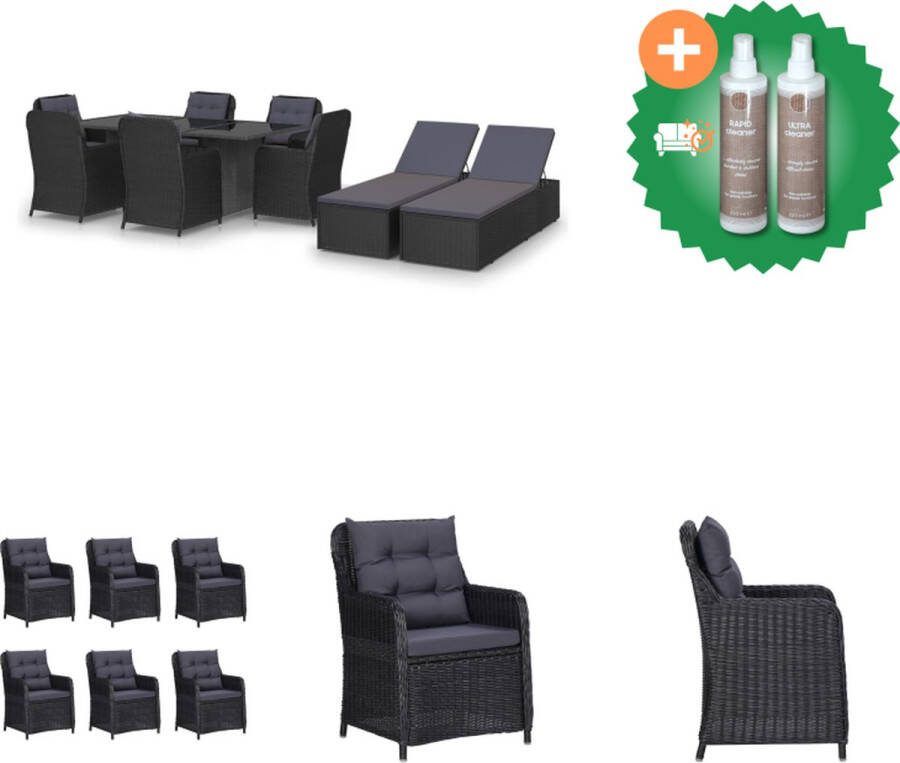 VidaXL Tuinset Zwart PE-rattan gepoedercoat staal 200x100x74cm Inclusief tafel 6 stoelen 6 zitkussens 6 rugkussens 2 ligbedden en 2 ligbedkussens Tuinset Inclusief Onderhoudsset