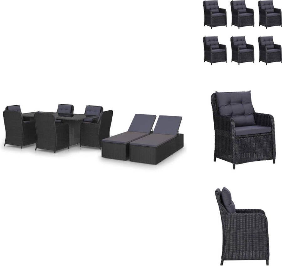 VidaXL Tuinset Zwart PE-rattan gepoedercoat staal 200x100x74cm Inclusief tafel 6 stoelen 6 zitkussens 6 rugkussens 2 ligbedden en 2 ligbedkussens Tuinset
