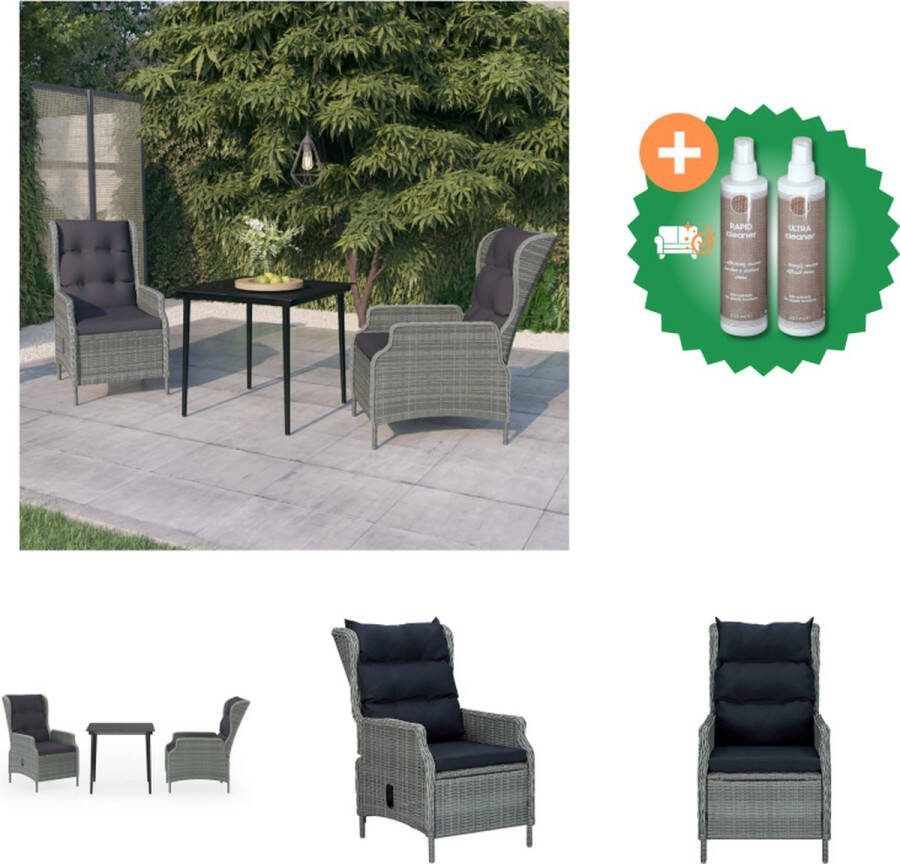 VidaXL Tuinset Zwarte Tuintafel 80x80x74 cm Gepoedercoat staal en glas Lichtgrijze PE-rattan Stoel 57x88x100 cm Incl kussens Met ligfunctie Montage vereist Tuinset Inclusief Onderhoudsset