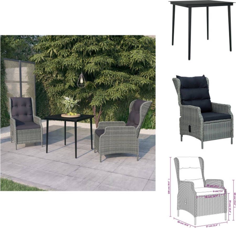 VidaXL Tuinset Zwarte Tuintafel 80x80x74 cm Gepoedercoat staal en glas Lichtgrijze PE-rattan Stoel 57x88x100 cm Incl kussens Met ligfunctie Montage vereist Tuinset