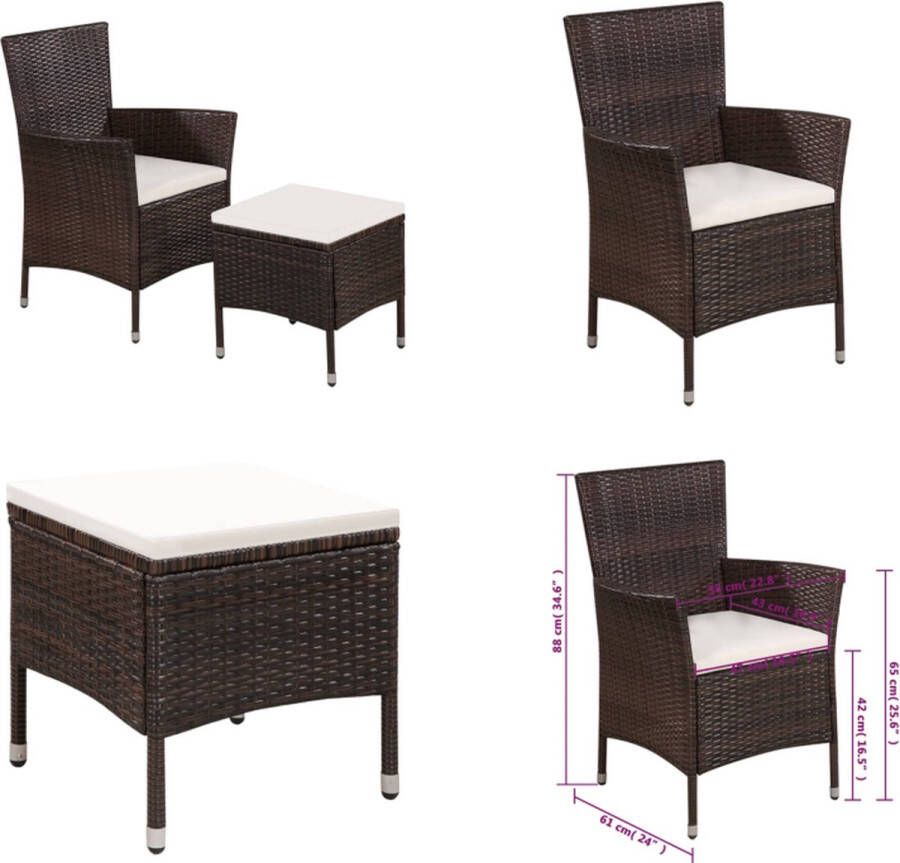 VidaXL Tuinstoel en kruk met kussens poly rattan bruin Eetstoel Eetstoelen Rattan Eetstoel Rattan Eetstoelen