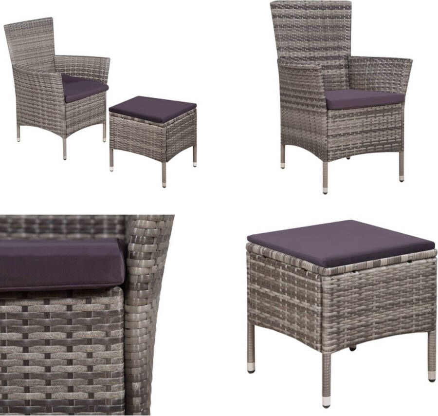 VidaXL Tuinstoel en kruk met kussens poly rattan grijs Eetstoel Eetstoelen Rattan Eetstoel Rattan Eetstoelen