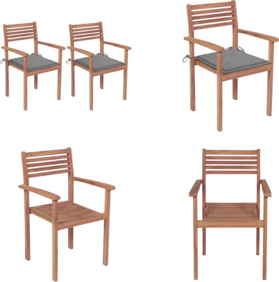 VidaXL Tuinstoelen 2 st met grijze kussens massief teakhout Tuinstoel Tuinstoelen Buitenstoel Buitenstoelen